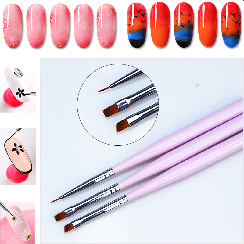 3 Stks/set Roze Handvat Nylon Kwast Verschillende Vorm Aquarel Nail Brush Pen Voor Studenten Meisjes School Office Art Supplies