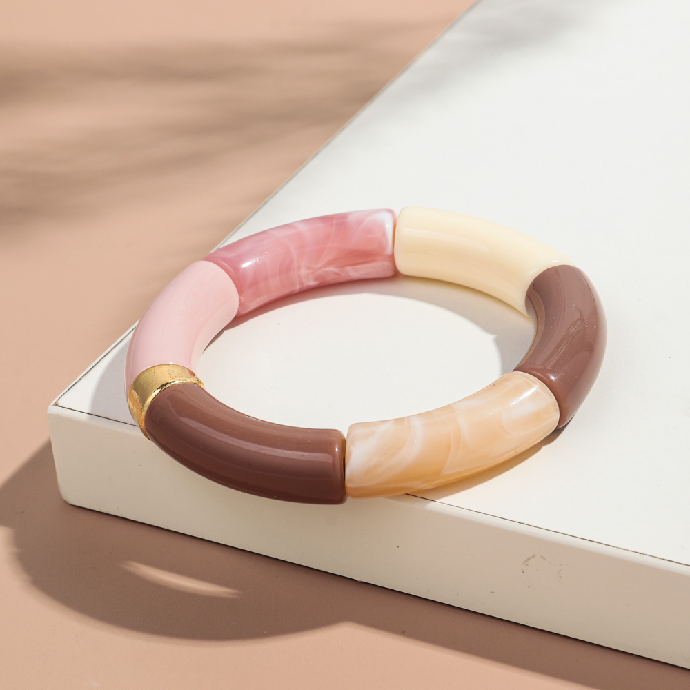 Nueva pulsera apilable de acrílico de tubo de bambú grande para mujeres y hombres, brazalete elástico con cuentas gruesas de resina colorida Vintage, joyería para parejas: Chapado en cobre envejecido