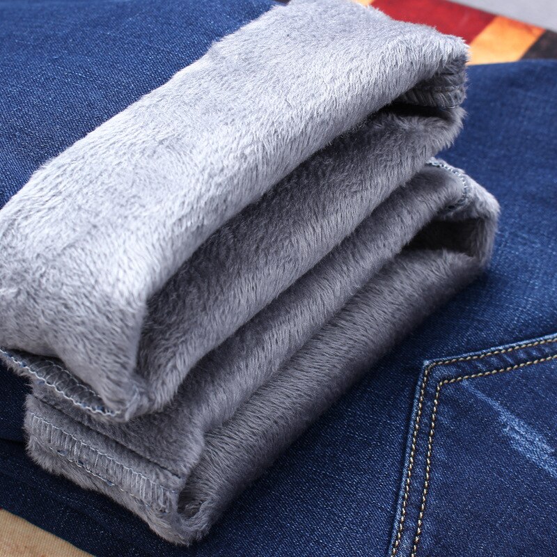 Mens Winter Fleece Jeans Lined Stretch Denim Warm Blue Jeans For Men Slim Fit Brand Trousers Pants Jeans 28-42