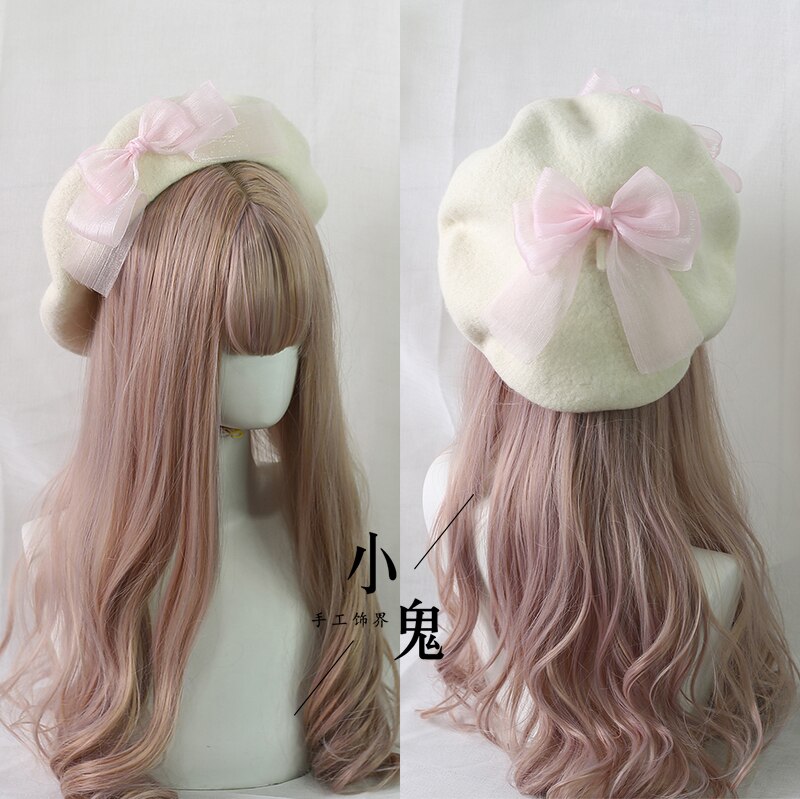 Muticolors Lolita berety mieszanka wełny kapelusz kobiety kokardka dziewczęca styl marynarski elegancki, szykowny czapka studencka: light pink bow