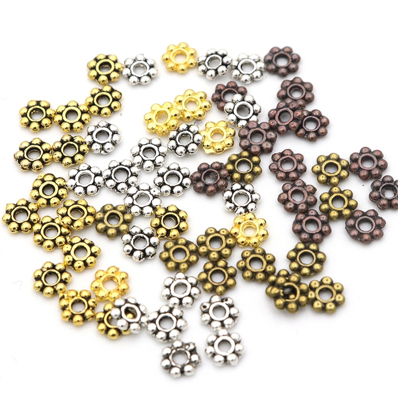 Marguerite de roue, charme de fleurs, marguerite, couleur or argenté tibétain, 4mm, perles métalliques avec espacement ample, pour la fabrication de bijoux, accessoires d'aiguilles, 1000 pièces