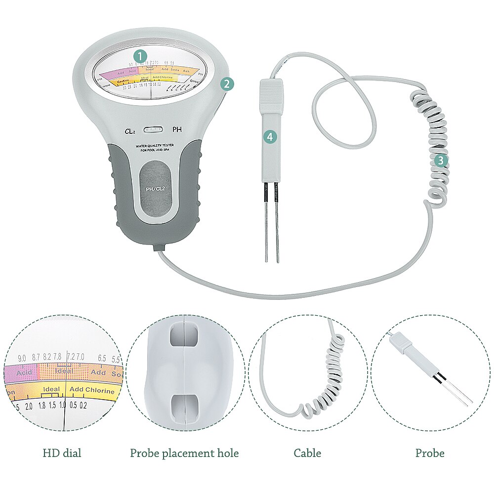 Compteur de chlore numérique PH et chlore 2 en 1, testeurs de la de l'eau, dispositif de mesure CL2 pour piscine Aquarium