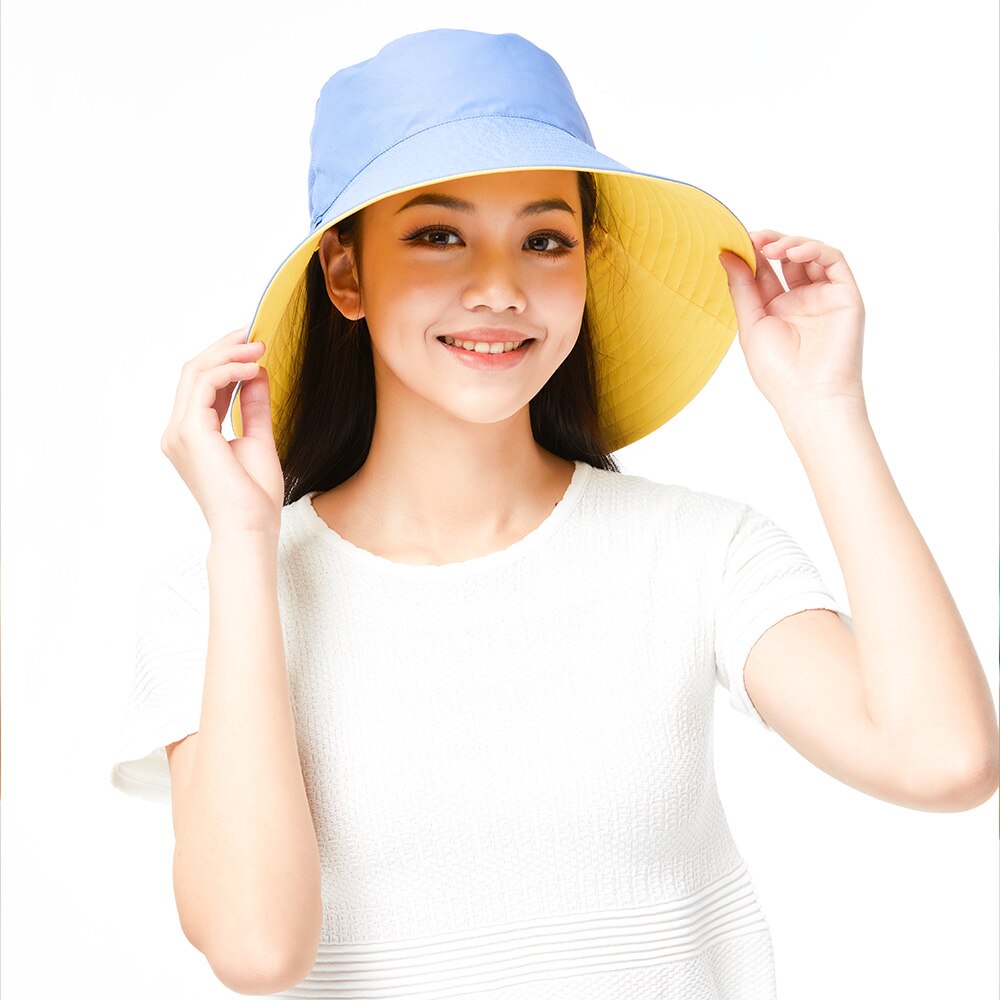 OhSunny Double-Sided Wearing Cap Solid Color Anti UV Sunscreen Bucket Hats For Women Summer Foldable Large Brim Fisherman Hat: Yellow Blue