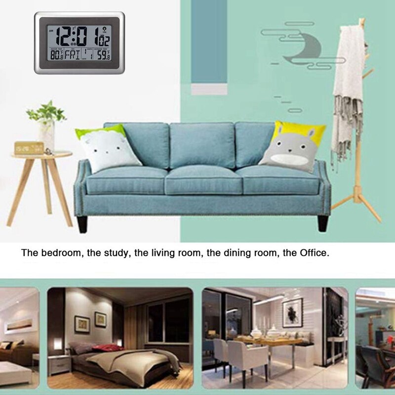 Digital Atomic Wall Clock, Desk Alarm Clock, Battery Operated With Wireless Sensor 300 Ft / 100 Meter Range, Large Lcd Display,