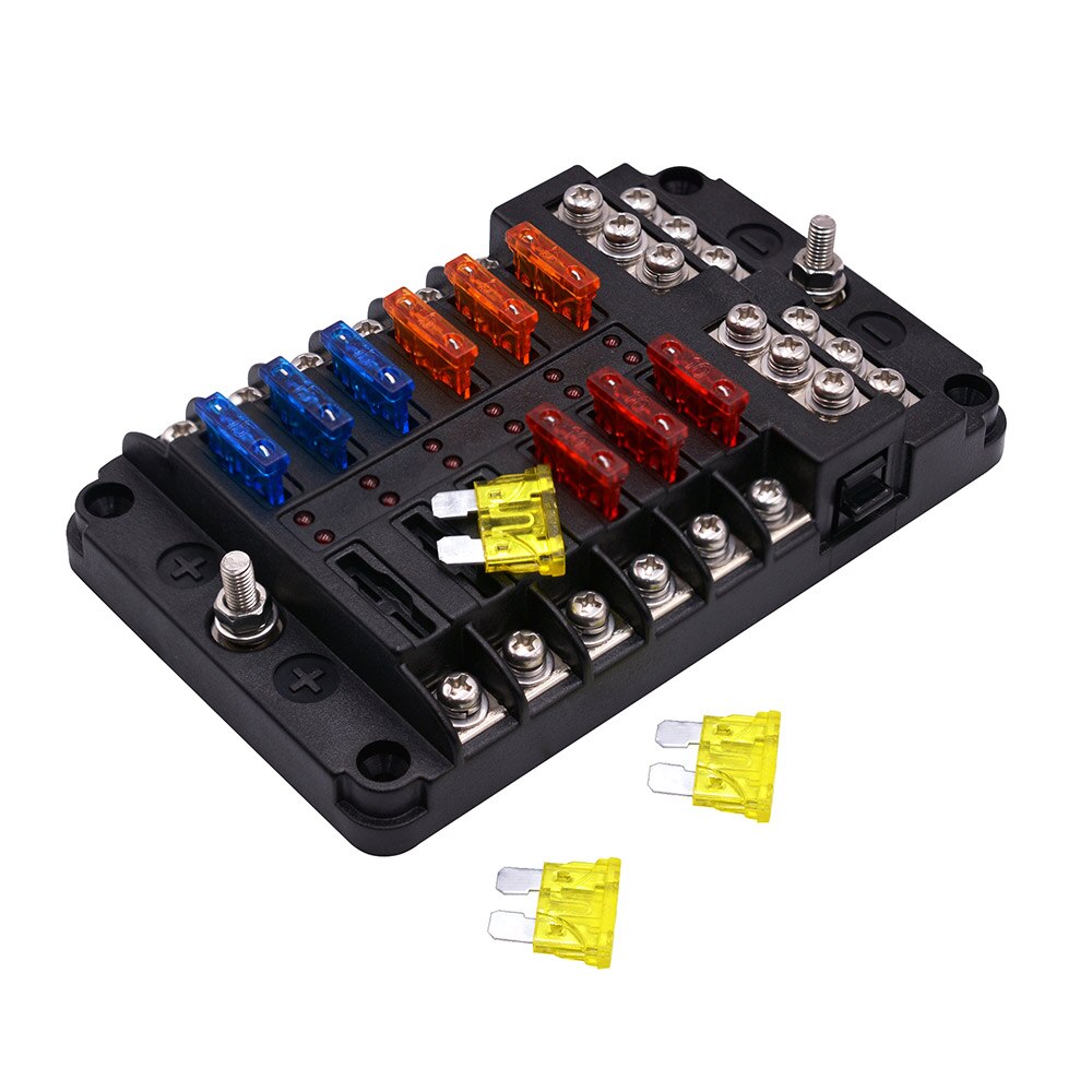 DC 12-32V Truck Motorhome Coach Boat Bus Bar Power Distribution Block Double Busbars 12-way Fuse Box with LED Lights 100Amp