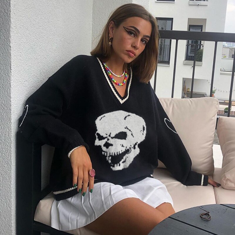 Allneon grunge esthétique crâne graphique tricoté  y2k pulls style punk col en v manches longues pulls surdimensionnés vintage 2000s hauts