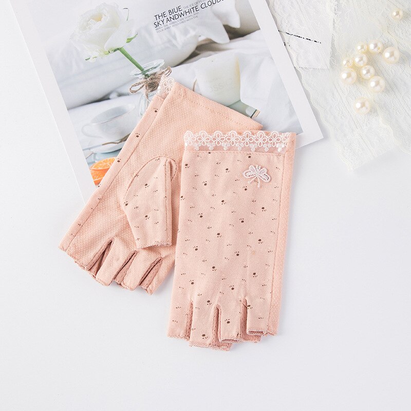 Gants de protection solaire pour femmes, en coton, UV, perle, Sport, cyclisme, conduite, écran tactile, demi-doigt, moufle, fleur, point, O22