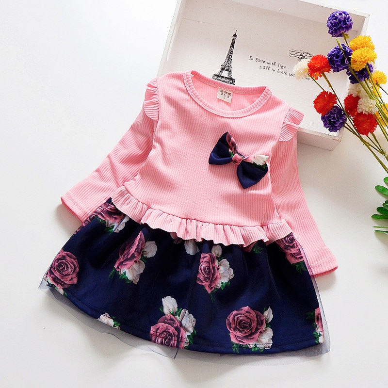 1-4y Bambino Del Bambino Della Ragazza del Vestito di Autunno Del Bambino Vestito Floreale Manica Lunga Per Bambini Vestiti Delle Ragazze di Modo Vestiti
