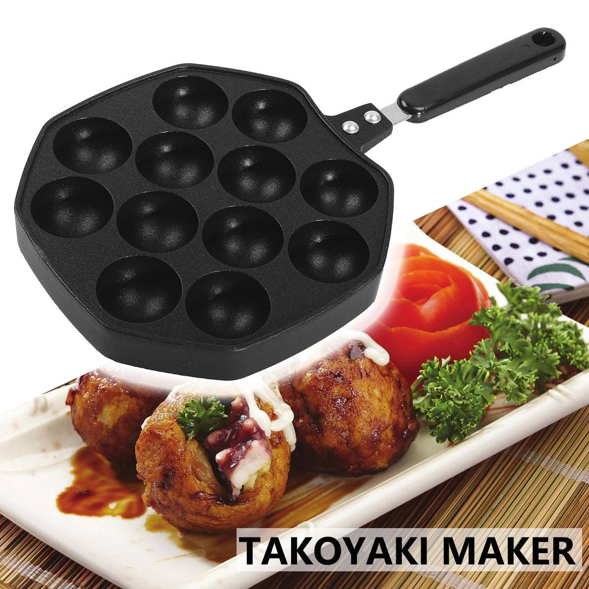 Commerciële takoyaki pan met 12 gaten, takoyaki maker voor thuis, octopusballetjes, antiaanbak bakpan, koekenpan, gegoten gehaktballenkoker