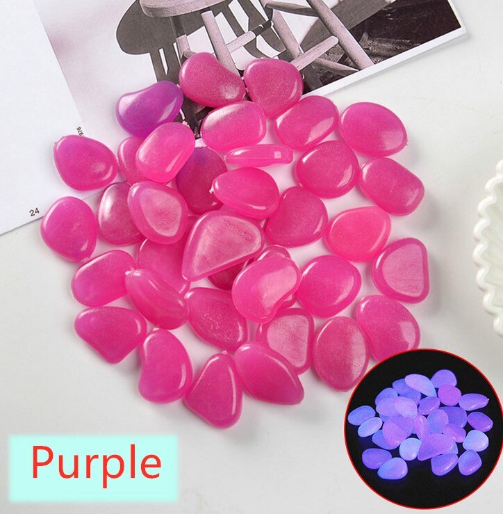 Pedras coloridas que brilham no escuro, pedrinhas luminosas para decoração de jardim, áreas externas, aquários, pedrinhas para decoração, 50 peças: purple