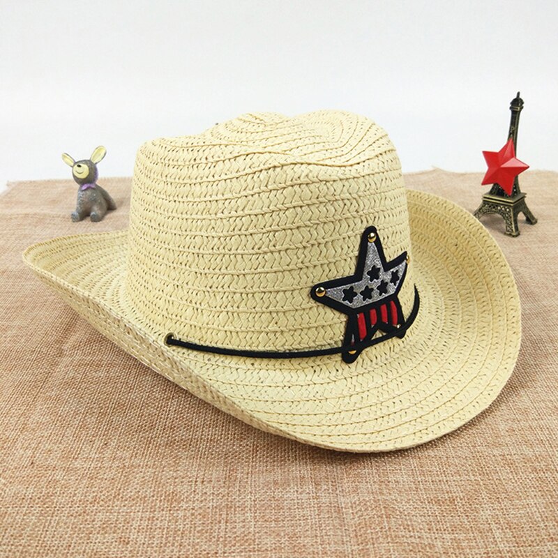 Outdoor Children's Cowboy Hat Summer Straw Hat Boys And Girls Five-pointed Star Patch Sun Hat Cute Children's Beach Visor Hat