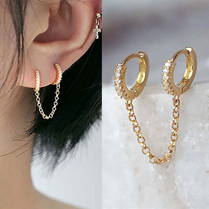 1Pc Zwei Loch Hoop Ohrring Kristall Zirkon Punk Hip Hop Ohrringe Gold Piercing Schmuck für Frauen Zubehör Mädchen