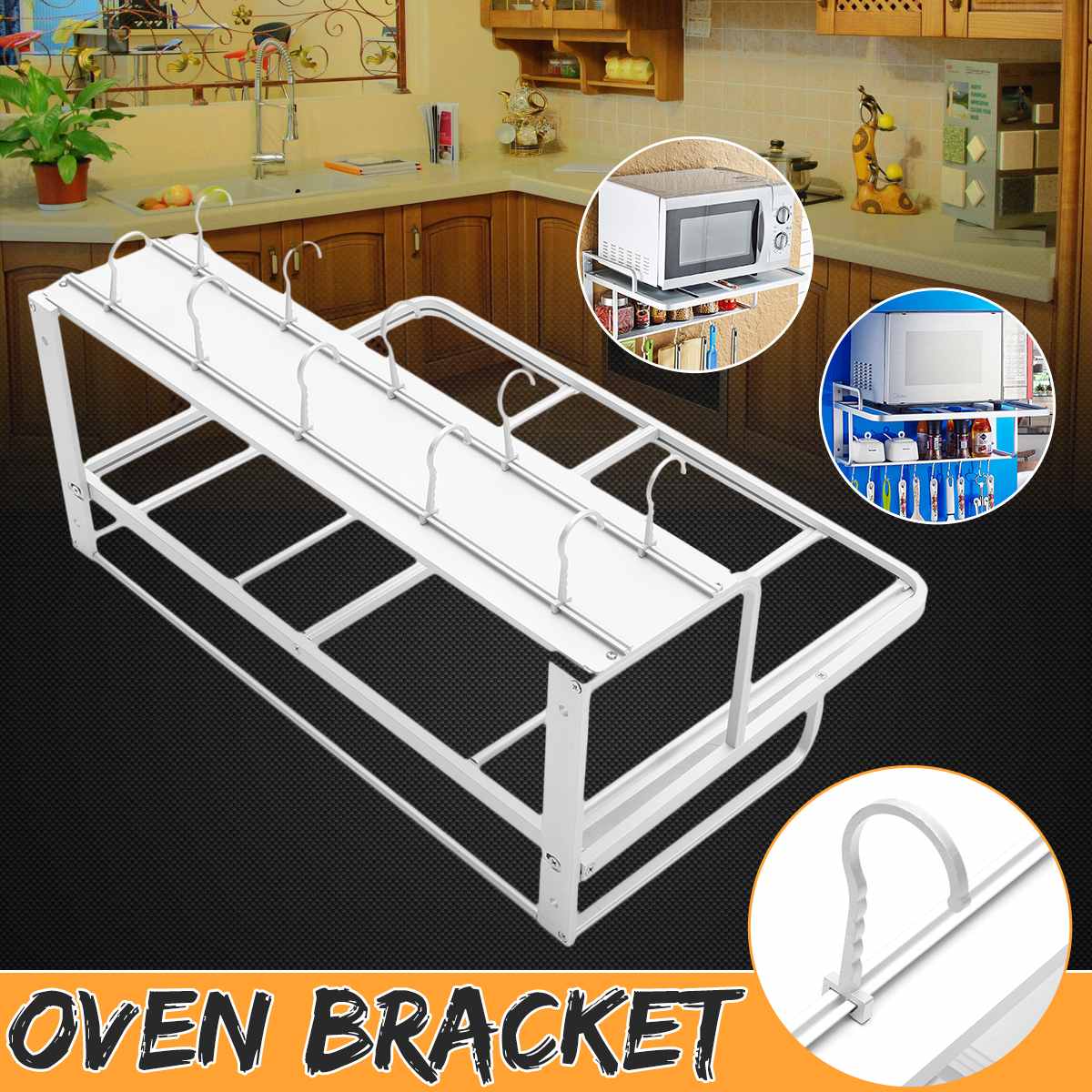 Estante para horno de doble pared antideslizante antióxido, soporte de aluminio para microondas, estante de almacenaje para cocina con gancho de suministro de cocina