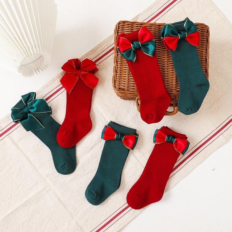 0-3T 2 Pairs Baby Kids Christmas Baby Girl Socks calzini con nodo a fiocco calzini per bambini calze verdi rosse