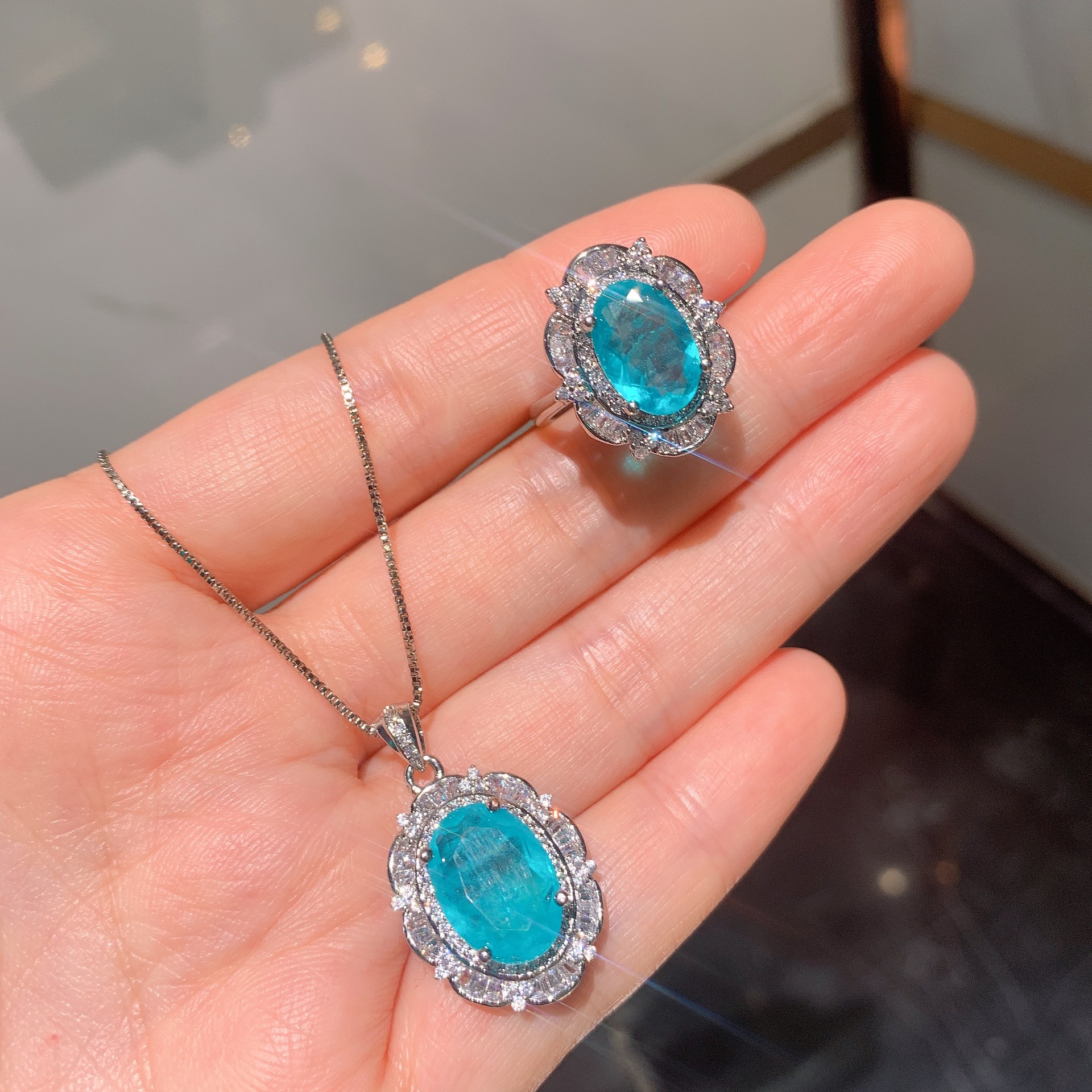 RUZZALLATI Luxus Silber Farbe Paraiba Turmalin Ring Anhänger Halskette Hohe Kohlenstoff Citrin Stein Schmuck einstellen für Mädchen: 1 einstellen