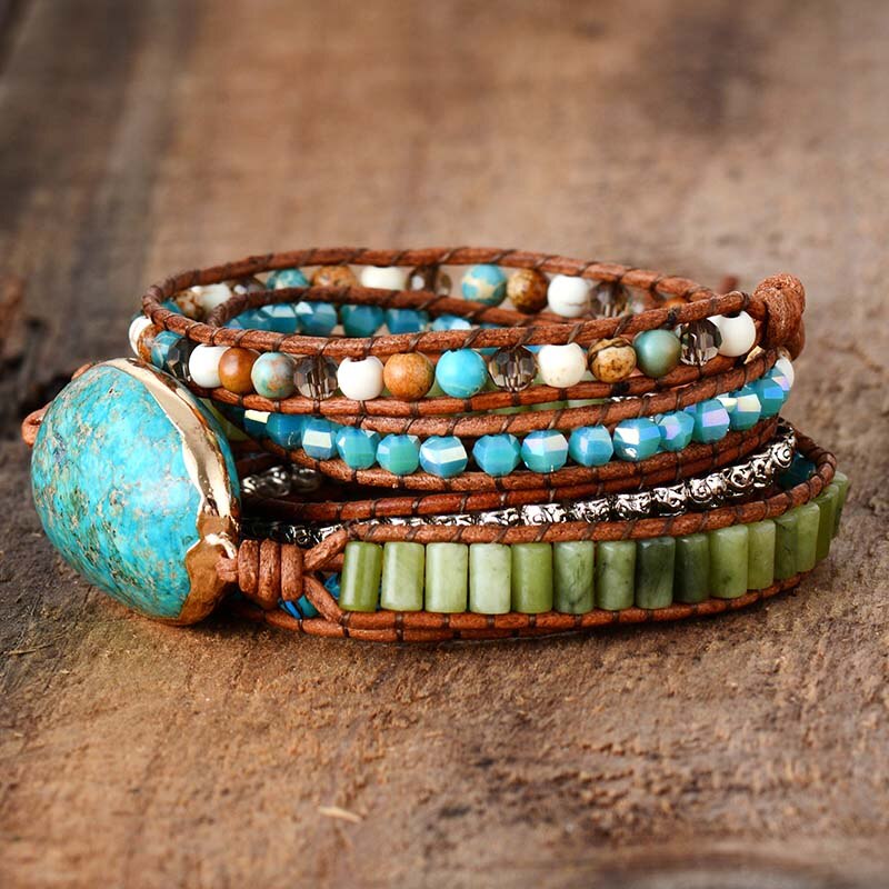 Punk Bracelets Women Wrap Bracelets Natural Stones 5 Layers Leather Cuff Bracelet Femme Bracelets