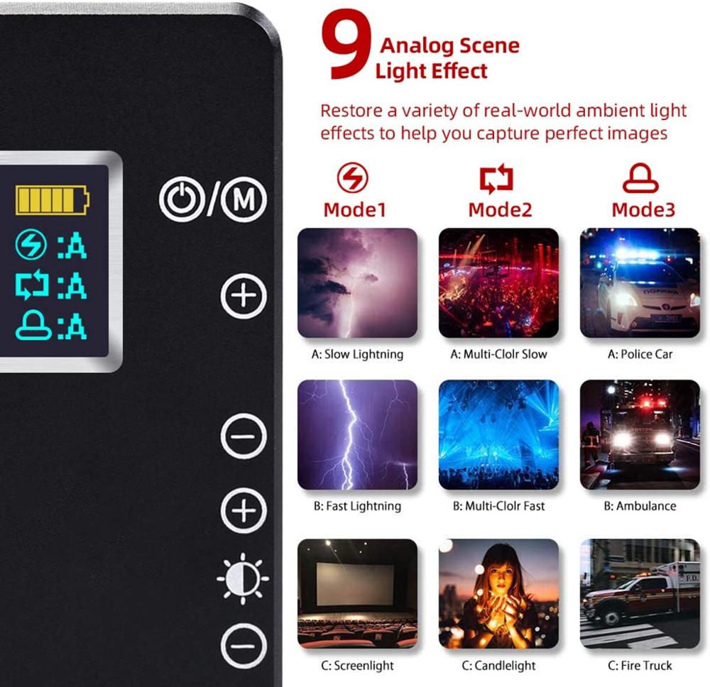 RGB Led Video Light CRI 96+ 360° Full Color 9 Lighting Effect 3200-7500K Adjustable 1-100% Stepless Dimming for Camera Photograp