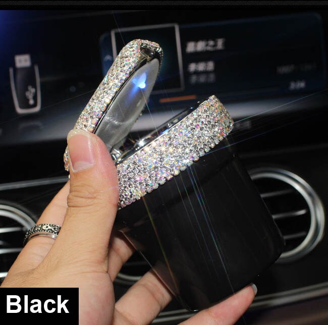 Strass Draagbare Auto Asbak met Led Licht Kristal Diamant Auto Ash Tray Asbak Opslag Bekerhouder voor Meisjes Auto Accessoires: Black