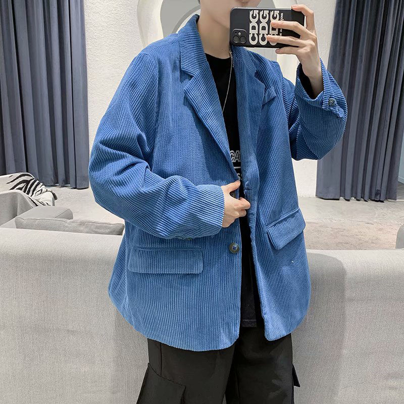 Jesień sztruks marynarka moda męska retro biznes zwykły marynarka strój mężczyźni luźny koreańnarty garnitur kurtka mężczyzna płaszcz sztruksowy M-2XL: niebieski / M