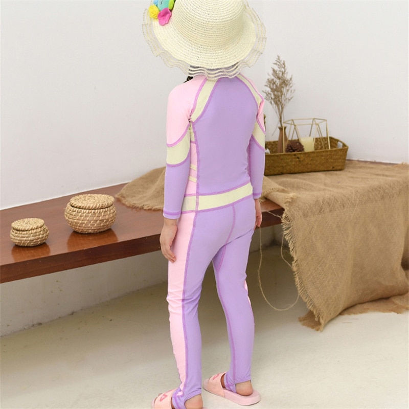 MEIYIER Korean style girl swimming suit kids one piece swimwear full body UV protection long sleeve swimsuit baby 2-12 year