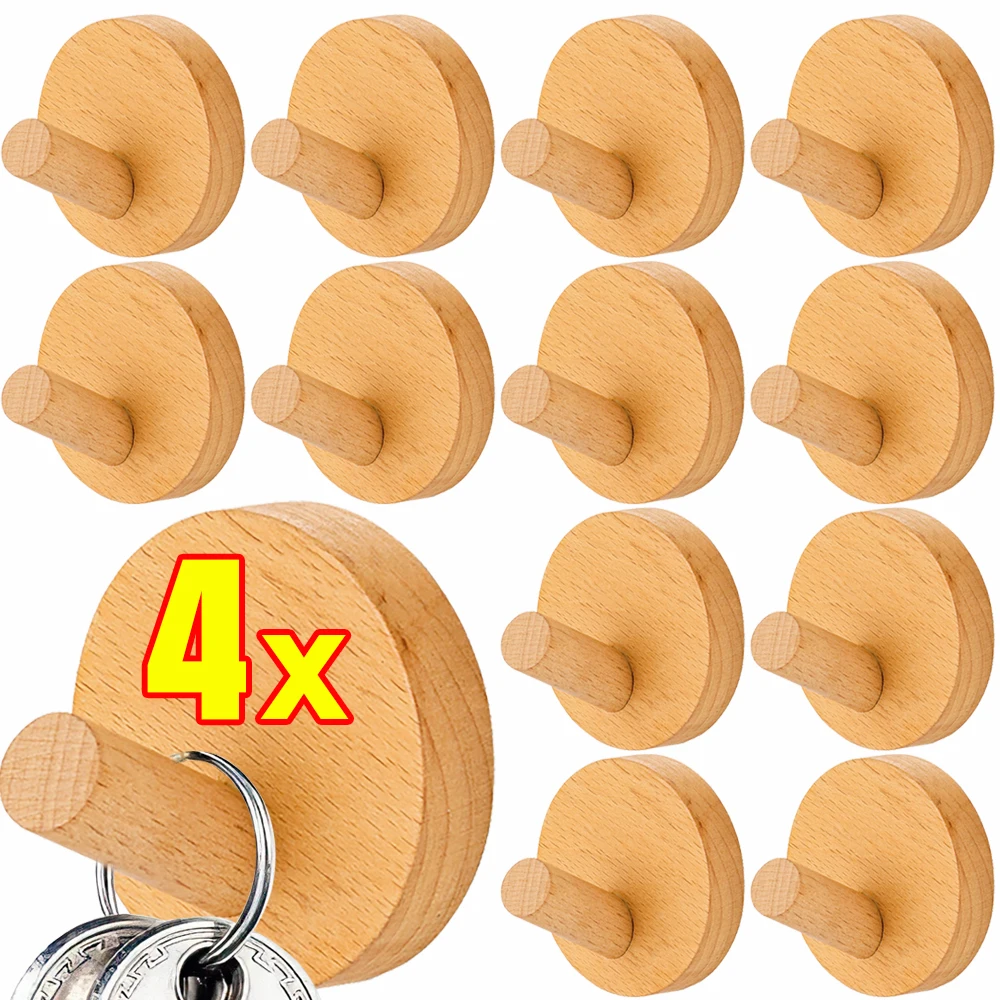 4/1 set träväggkrokar, väggmonterade vägghängare för att hänga handdukar, kläder, nyckelringar, heminredning, krokar med lim