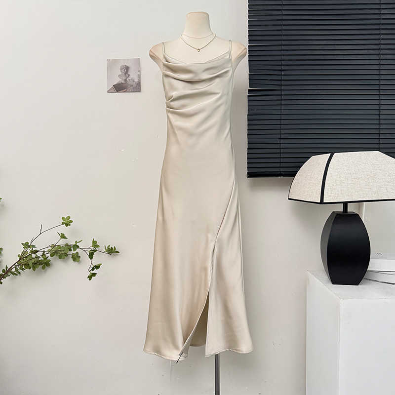 Kvinders stropkjole sommer pink satin split lone kjoler luksuriøse sexede festkjoler højtaljede slanke kjoler