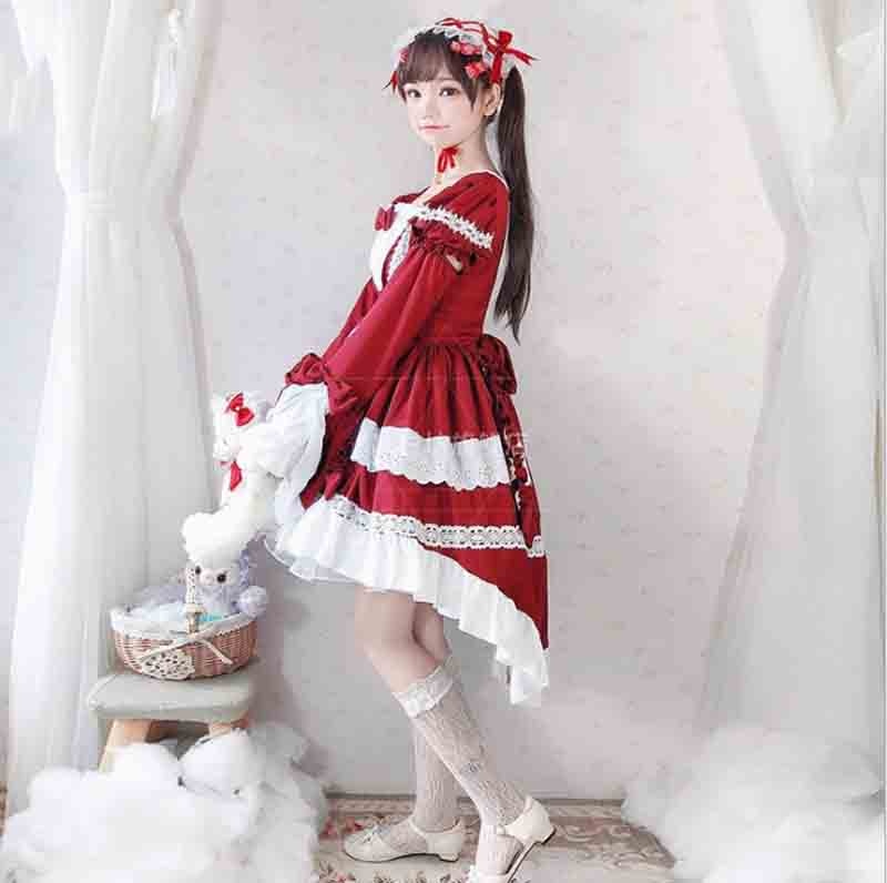 Vestido Lolita gótico para chicas, vestido Lolita de manga larga extraíble, disfraz de sirvienta para mujer, disfraz de Lolita roja para mujeres y niñas de talla grande