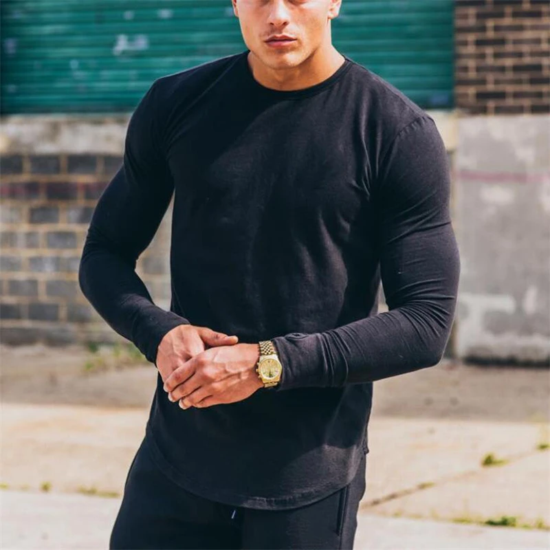Ensfarvet bomuld åndbart langærmet tøj til fitness fitness bodybuilding sport t-shirts til mænd træning afslappet slim fit efterårsskjorter