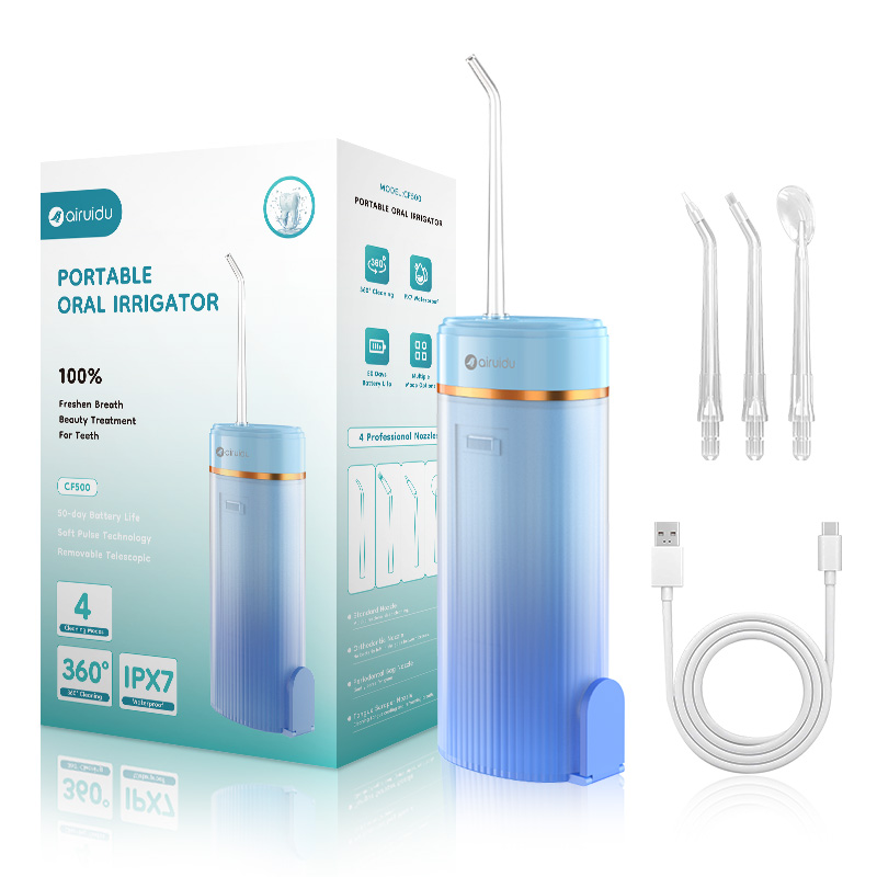 Tragbare intelligente elektrische Munddusche, Wasserflosser, 4 Düsen, 4 Modi, wiederaufladbar, Zahn-Wasserstrahl-Irrigator, Zahnreiniger: Blau