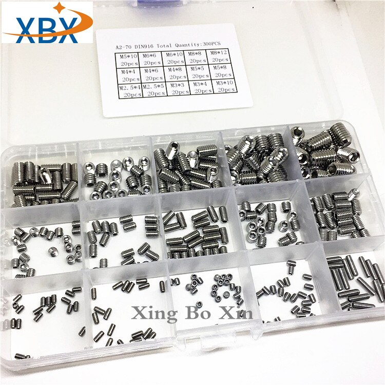 300pcs Hex Socket Set 304 Stainless Steel M2.5 M3 M4 M5 M6 M8 Hex Hexagon Socket Set Screw Grub Screw Assortment Kit