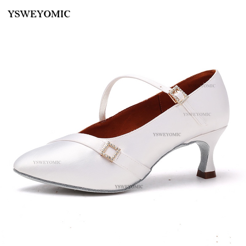 Elegantie Stijl Gesloten Teen Standaard Ballroom Latin Trouwschoenen Meduim Hak 2Inch Practise Witte Ballroom Dans Schoenen Voor Vrouwen