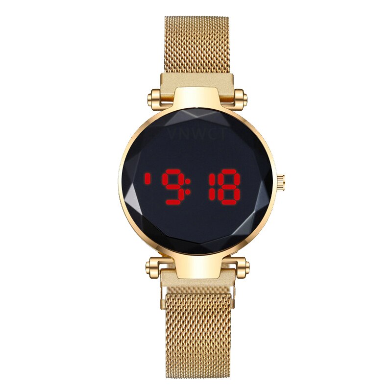 Reloj con imán y pantalla táctil LED para mujer, cronógrafo con correa Milanesa, redondo e informal, para estudiantes: Oro