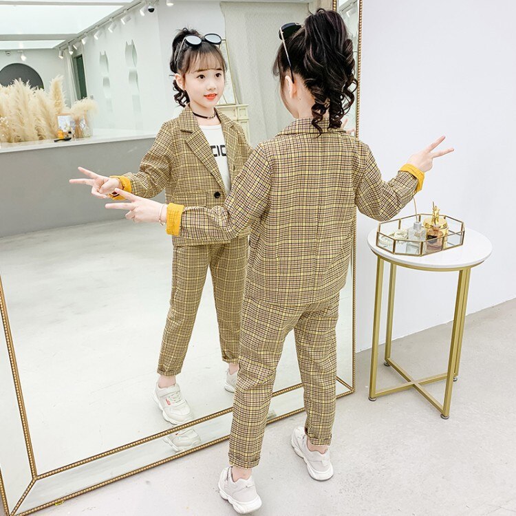 Girls' Plaid Double Breasted Suits Sets Children's Plaid Blazer Pants 2pcs Clothing Sets Kids Party Performance Costume: yellow / 4T