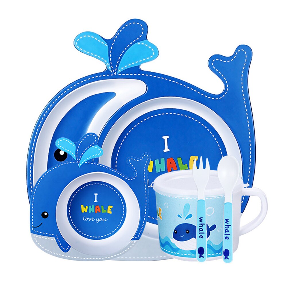 5 stk babyservice dejlige tegneserie børn madretter børnefad bambus fiberstel sæt med skål gaffel kop ske tallerken: Hval sæt