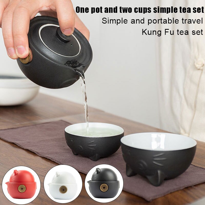 Juego de té de cerámica portátil para gatos, juego de cerámica con tetera, tazas de té, bolsa de viaje para oficina, hogar, viaje, rápida