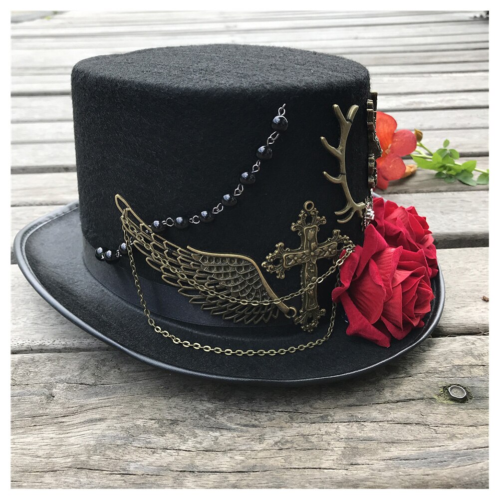 Kvinder håndlavet steampunk top hat med blomster scene magisk hat fest hat størrelse 57cm steampunk hat