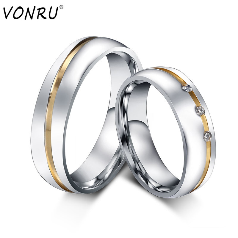 6MM Stainless Steel Couple Rings Silver Color Wedding Crystal Ring For Lovers Romantic Engagement Party Jewelry