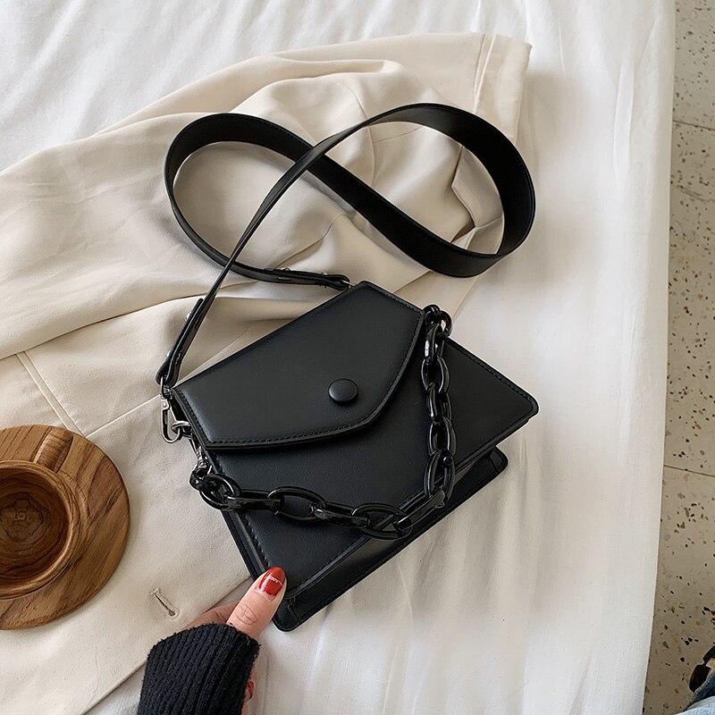 Thick Chain Small PU Leather Crossbody Bags For Women Female Shoulder Simple Bag Ladies Handbags: Black