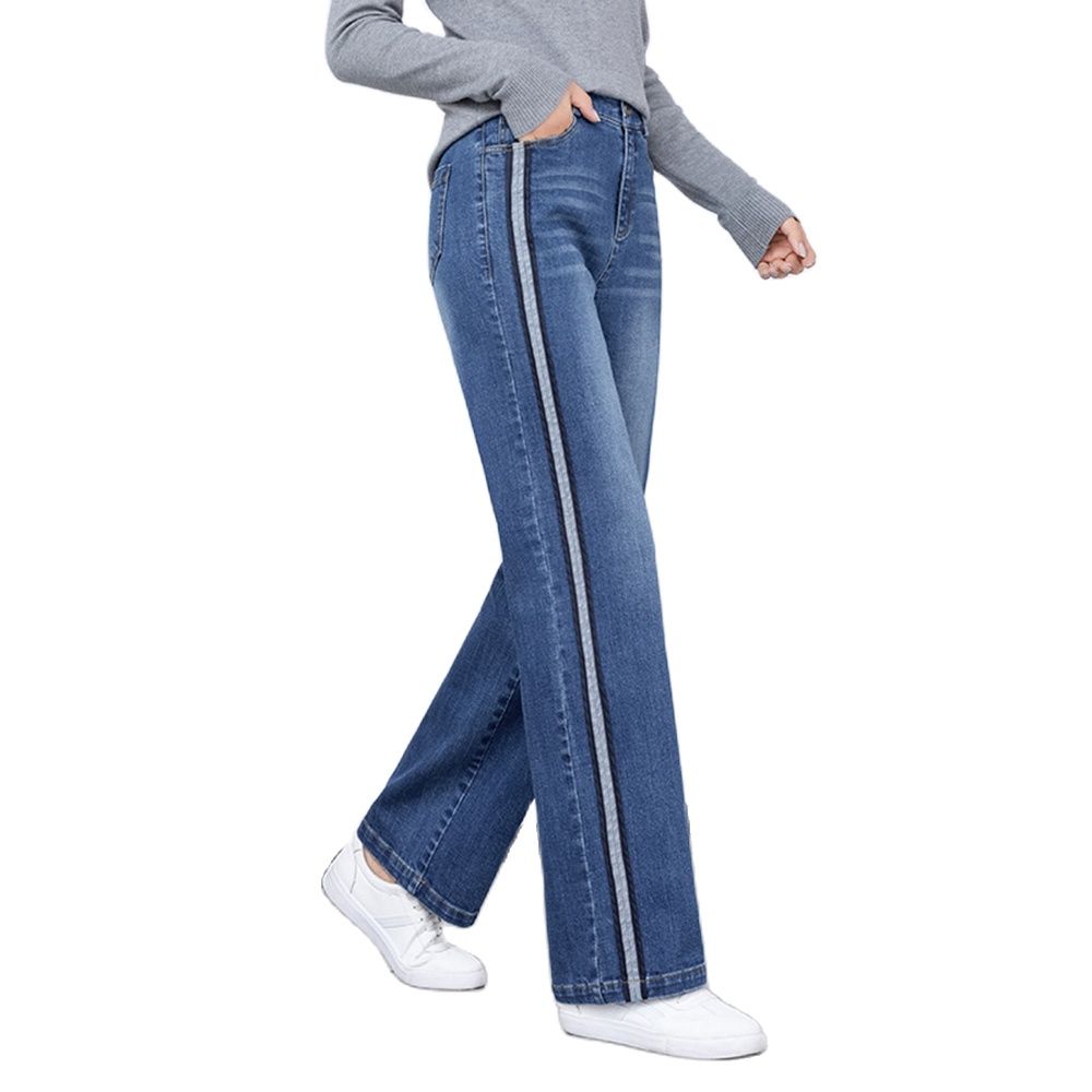 Women Denim Jeans Wide-leg Straight Slimming Bleached Blue Stretchy Jeans For Autumn Plus Size Side Pipe Striped Pattern