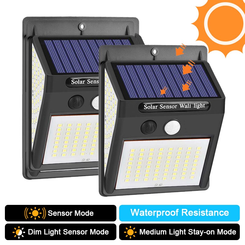 100 led zonne-energie buitenlamp met pir-bewegingssensor, op zonne-energie werkende straatverlichting voor tuindecoratie, 144 waterdichte