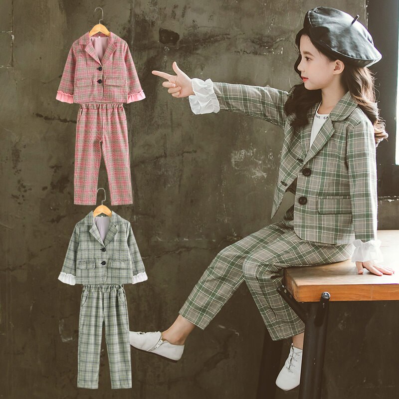 Ensemble de vêtements d'automne pour filles et adolescentes, veste + pantalon à carreaux, survêtement scolaire, vêtements pour enfants de 4 à 13 ans
