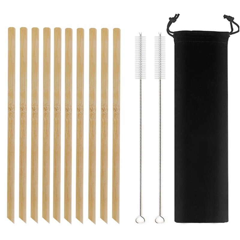 Natural Bamboo Straw Reusable Drinking Straws with Case + Clean Brush Eco-friendly Bamboo Straws Bar Cocktail Drinks Tools: 10Pcs Sharp Black