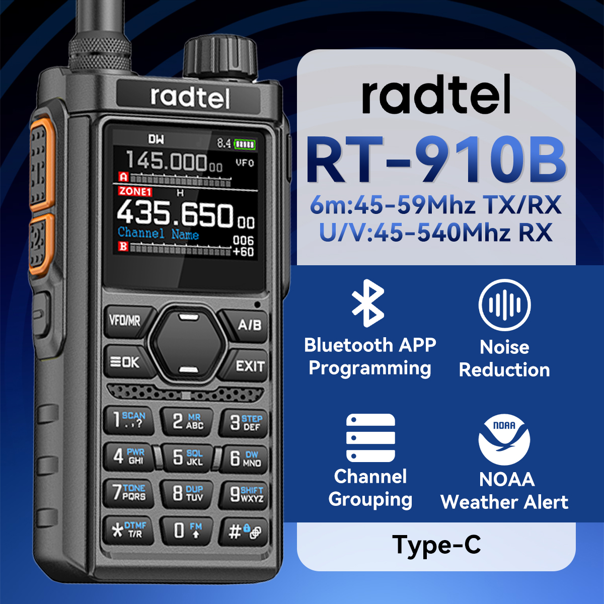 Radtel RT-910B Bluetooth-Anwendungsprogrammierung 5 W 6 MB Walkie-Talkie 45–59 MHz TX/RX, 960 Kanal, AM/FM, Luftband, C-Typ-Spektrum