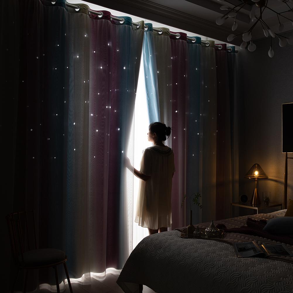 Gradient Hollow Star Curtain Bedroom Full Blackout Colorful Hollow Star Sheer Window Drapes Home Decor For Kid Girl Bedroom