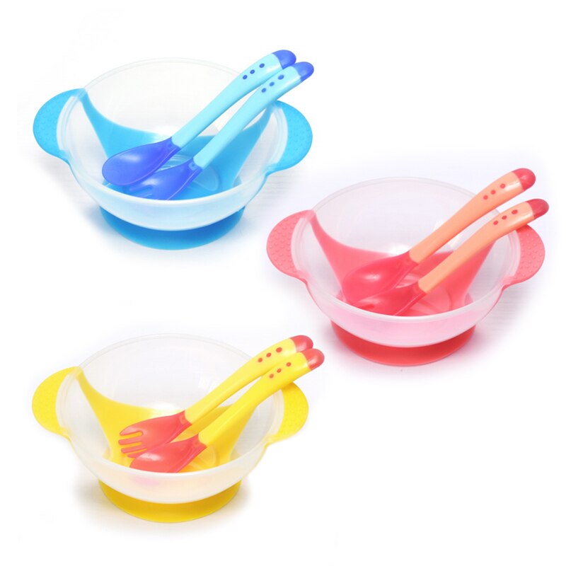 3set Temperature Sensing Feeding Spoon Child Tableware Food Bowl Learning Dishes Plate Suction Cup Baby Dinnerware Set: Mix Color