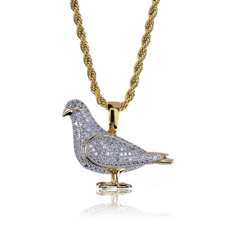 Neue Stil vereist aus Gold Farbe Überzogen Zwei Tonne Mikro Pflastern Zirkon Taube Anhänger Halskette Hüfte hüpfen Schmuck für Männer frauen: Gold-farbe