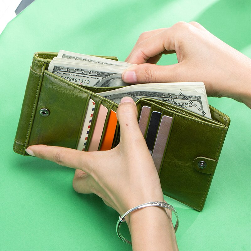 Contact's Women Wallets Genuine Leather Trifold Ladies Rfid Card Holder Wallet Coin Pocket Girls Coin Purse Green Portfel