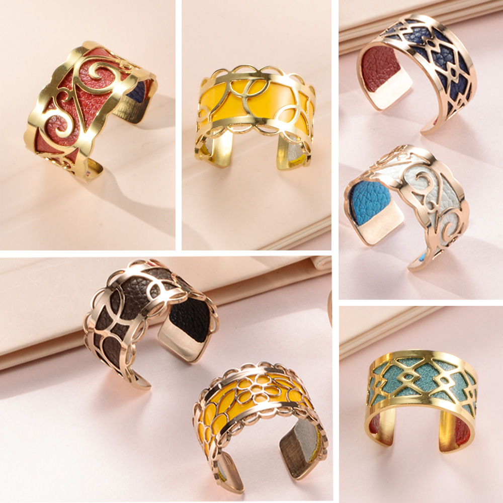 Legenstar Trendy Rvs Goud Kleur Verstelbare Ringen Homme Omkeerbare Lederen Open Geometrische Bague voor Vrouwen