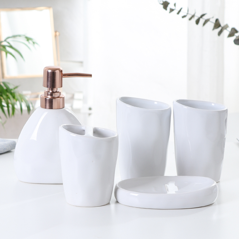 White Ceramic Bathroom Set Press Emulsion Dispenser Container Toothbrush Holder Soap Bathroom Set Bathroom Decoration: 5pcs-a