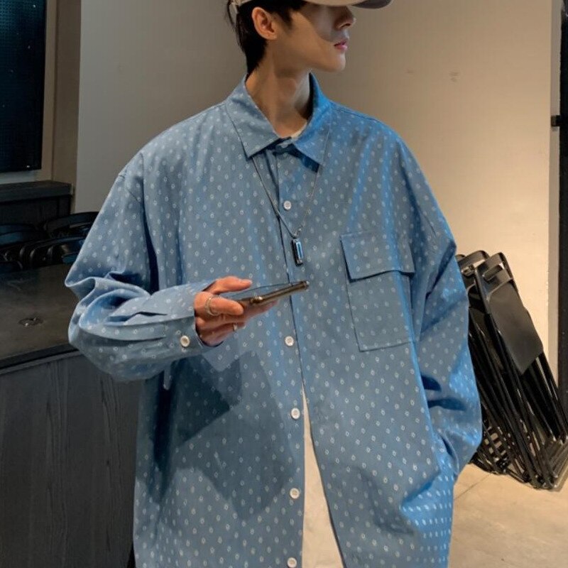 Lente Zomer Gedrukt Denim Shirt Mannen Koreaanse Mode Losse Casual Shirt Mannen Harajuku Streetwear Bloem Lange Mouwen mannen